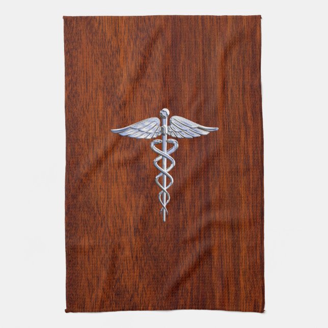 Silver Like Caduceus Medical Symbol Mahogany Print Kitchen Towel (Vertical)
