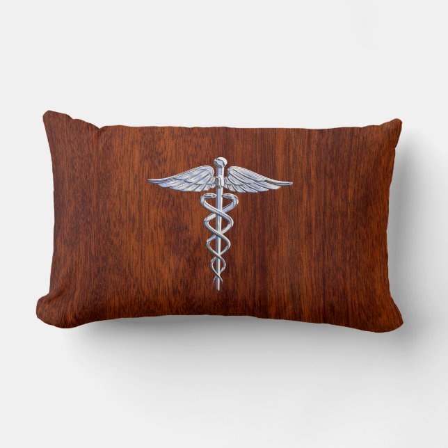 Silver Like Caduceus Medical Symbol Mahogany Print Lumbar Pillow (Front)