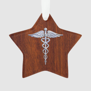 Silver Like Caduceus Medical Symbol Mahogany Print Ornament