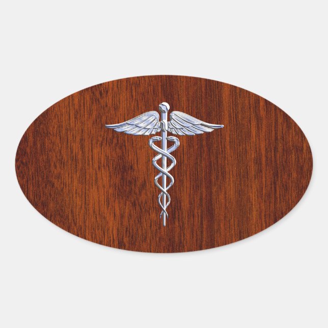 Silver Like Caduceus Medical Symbol Mahogany Print Oval Sticker (Front)