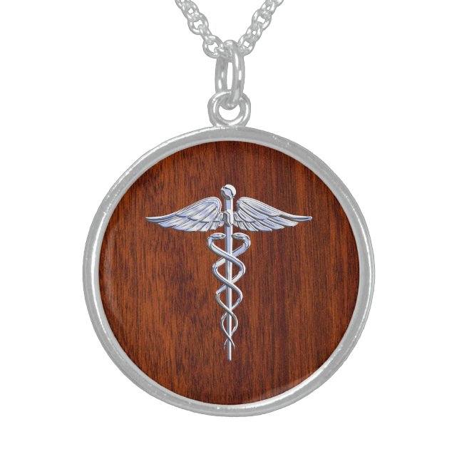 Silver Like Caduceus Medical Symbol Mahogany Print Sterling Silver Necklace (Front)