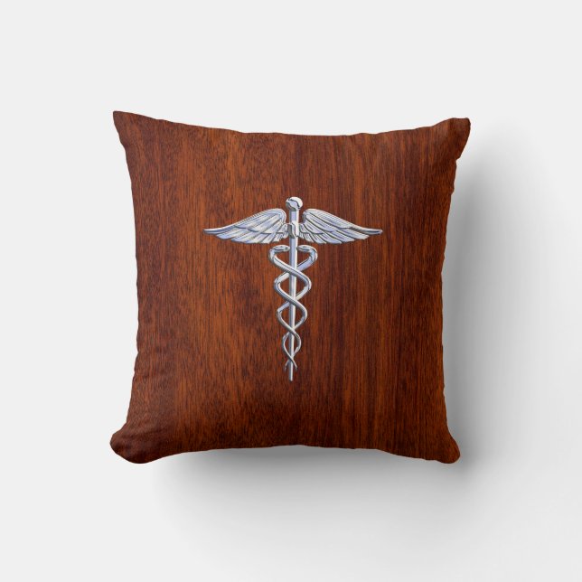 Silver Like Caduceus Medical Symbol Mahogany Print Throw Pillow (Front)