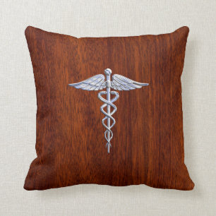 Silver Like Caduceus Medical Symbol Mahogany Print Throw Pillow