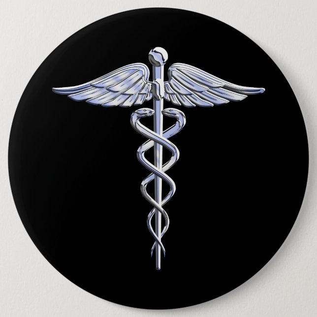 Silver Like Caduceus Medical Symbol on Black Decor Button (Front)