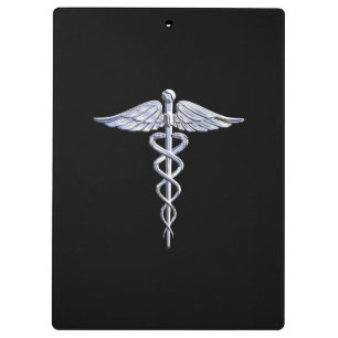 Silver Like Caduceus Medical Symbol on Black Decor Clipboard