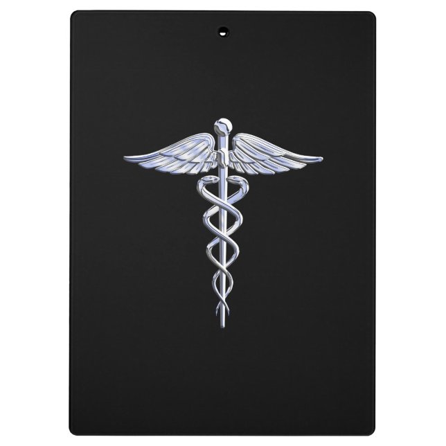 Silver Like Caduceus Medical Symbol on Black Decor Clipboard (Back)