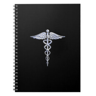 Silver Like Caduceus Medical Symbol on Black Decor Notebook