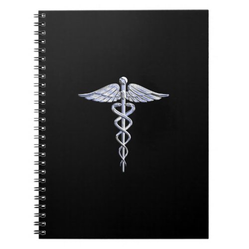 Silver Like Caduceus Medical Symbol on Black Decor Notebook