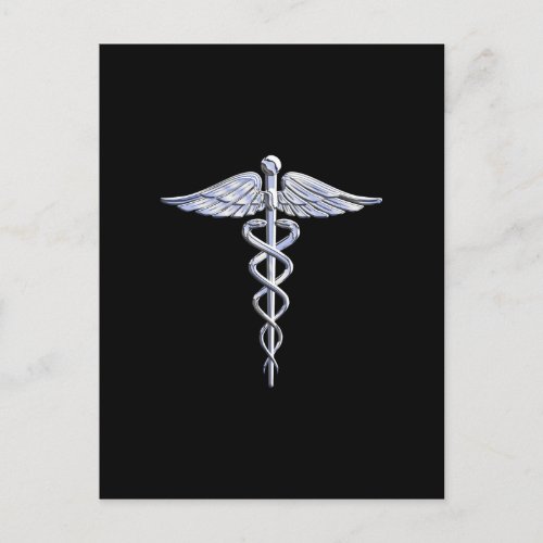 Silver Like Caduceus Medical Symbol on Black Decor Postcard