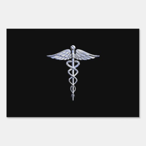 Silver Like Caduceus Medical Symbol on Black Decor Sign