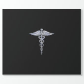 Silver Like Caduceus Medical Symbol on Black Decor Wrapping Paper (Flat)