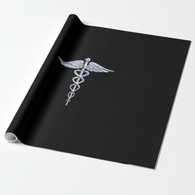 Silver Like Caduceus Medical Symbol on Black Decor Wrapping Paper (Unrolled)