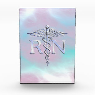 Silver Like RN Caduceus Medical Mother Pearl Acrylic Award