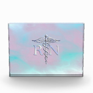 Silver Like RN Caduceus Medical Mother Pearl Acrylic Award