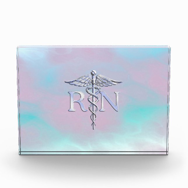 Silver Like RN Caduceus Medical Mother Pearl Acrylic Award (Front)