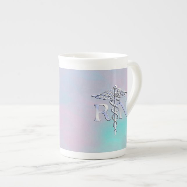Silver Like RN Caduceus Medical Mother Pearl Bone China Mug (Front Right)