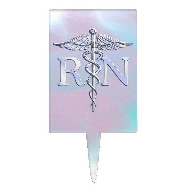 Silver Like RN Caduceus Medical Mother Pearl Cake Topper (Front)