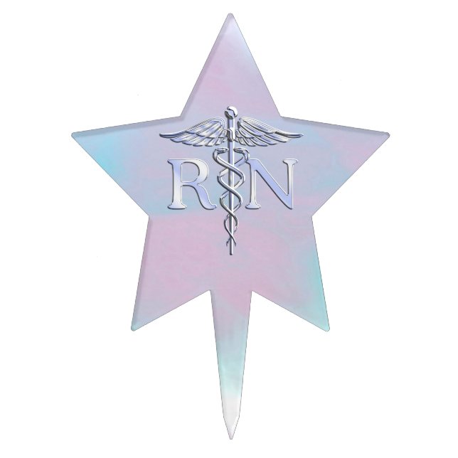 Silver Like RN Caduceus Medical Mother Pearl Cake Topper (Front)