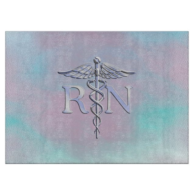 Silver Like RN Caduceus Medical Mother Pearl Cutting Board (Front)