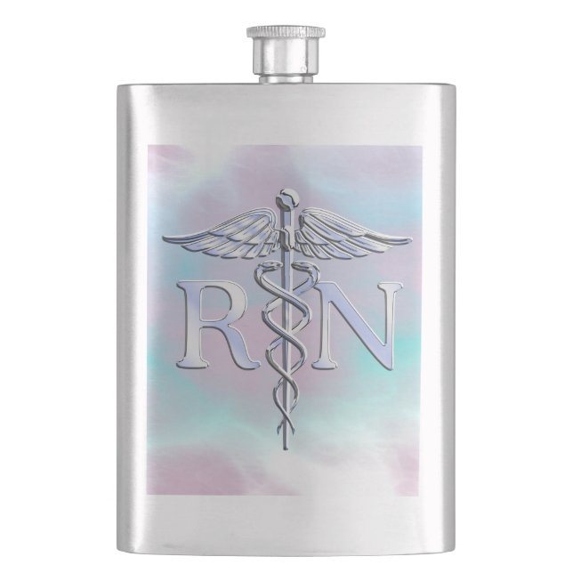 Silver Like RN Caduceus Medical Mother Pearl Flask (Front)