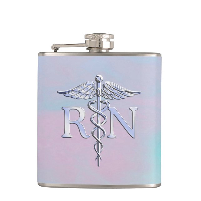 Silver Like RN Caduceus Medical Mother Pearl Flask (Front)