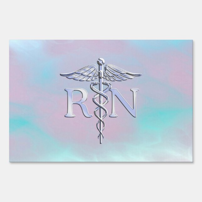 Silver Like RN Caduceus Medical Mother Pearl Sign (Front)