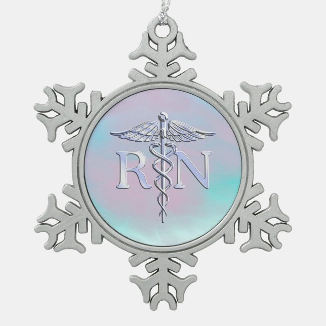 Silver Like RN Caduceus Medical Mother Pearl Snowflake Pewter Christmas Ornament (Front)