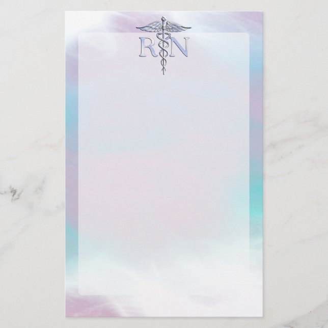 Silver Like RN Caduceus Medical Mother Pearl Stationery (Front)
