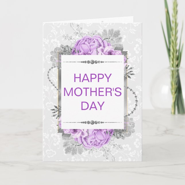 Silver & Lilac Flowers & Glitter Mother's Day Card (Front)