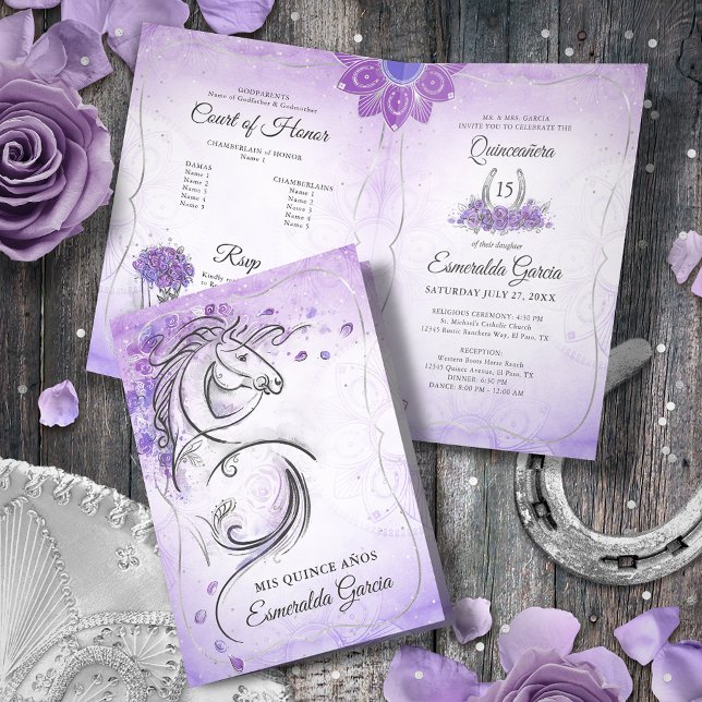 Silver Lilac Lavender Charro Quinceanera Folded Invitation (Creator Uploaded)