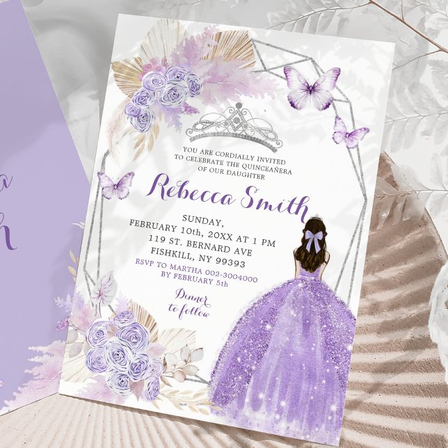 Silver Lilac Purple Boho Butterfly Quinceañera Invitation (Creator Uploaded)