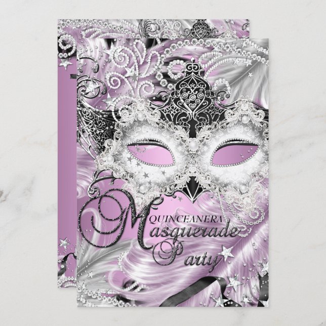 Silver Lilac Sparkle Mask Masquerade Quinceanera Invitation (Front/Back)