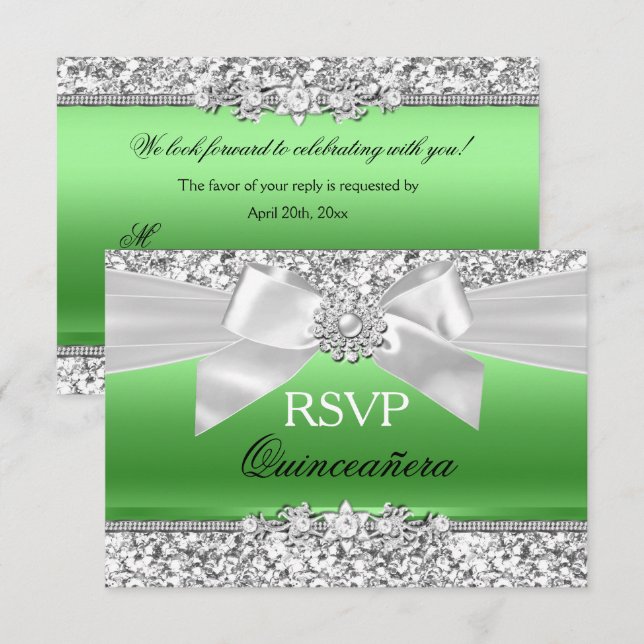 Silver Lime Green Glitter Bow Quinceanera RSVP Invitation (Front/Back)