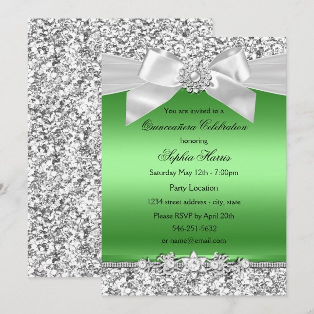 Silver Lime Green Glitter Jewel Bow Quinceanera Invitation (Front/Back)