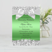 Silver Lime Green Glitter Jewel Bow Quinceanera Invitation (Standing Front)
