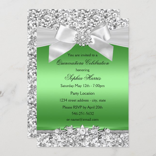 Silver Lime Green Glitter Jewel Bow Quinceanera Invitation (Front/Back)