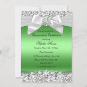 Silver Lime Green Glitter Jewel Bow Quinceanera Invitation (Front)