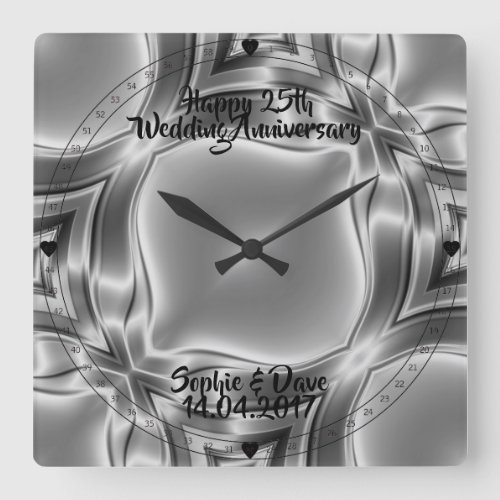 Silver Lines 25th Silver Wedding Anniversary Square Wall Clock