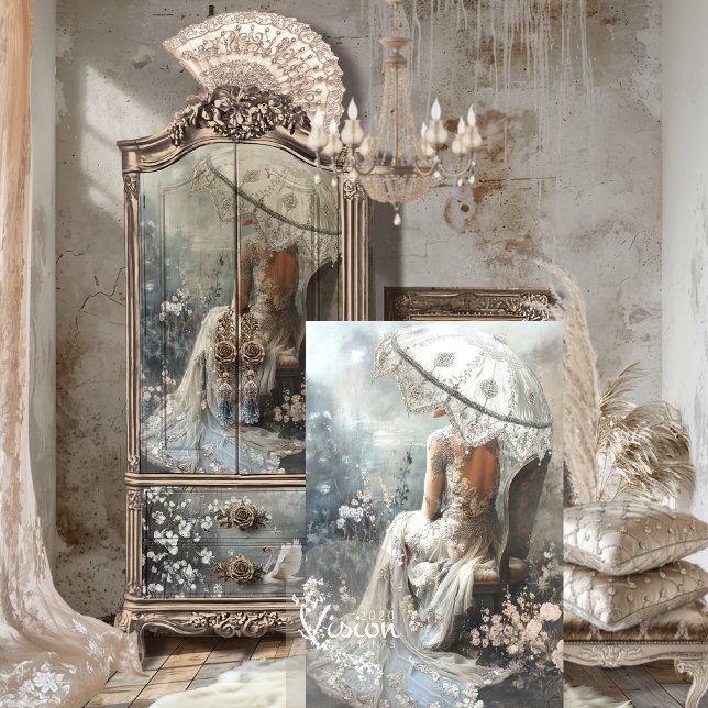 Silver Lining Parisian Fantasy Portrait & Parasol Tissue Paper (Silver Lining, Parisian Fantasy, Portrait Parasol, Silver Greys, White Floral Blossoms Decoupage)