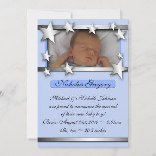 Silver Lining Stars Blue Birth Announcements