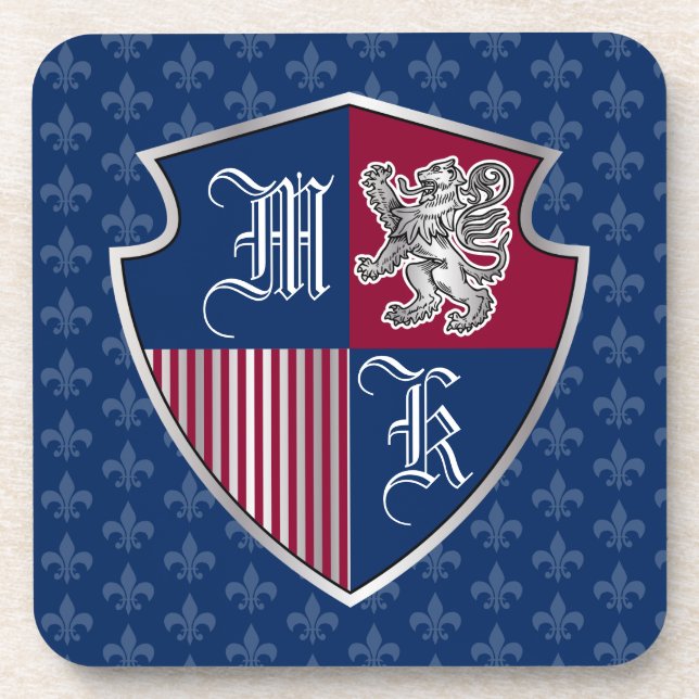 Silver Lion Coat of Arms Monogram Emblem Shield Beverage Coaster (Front)