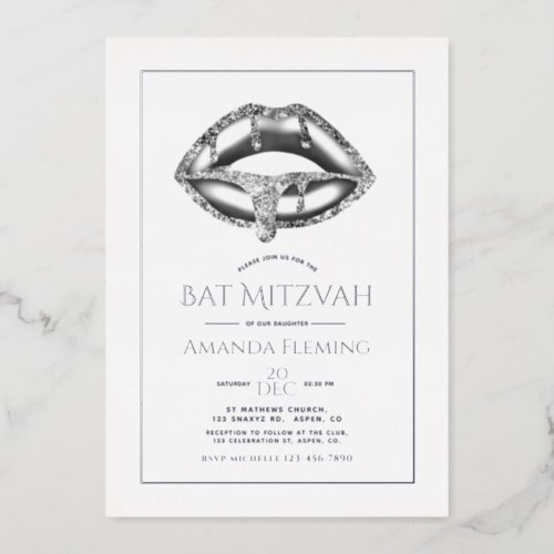 Silver Lips Bat Mitzvah Photo  Foil Invitation