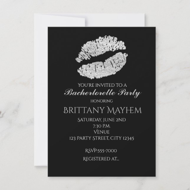 Silver Lips KISS Bachelorette Party Invitation (Front)
