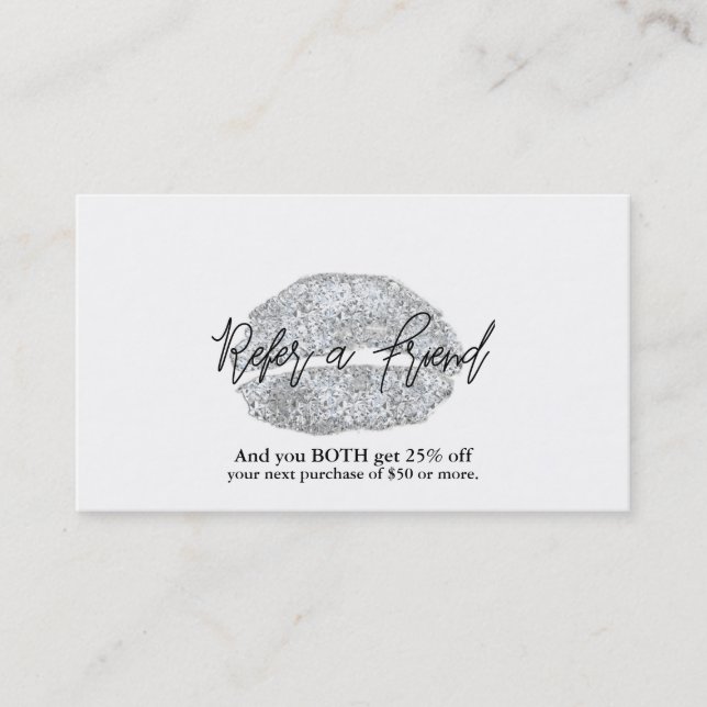 Silver Lips Kiss Makeup Beauty Glam Refer a Friend Referral Card (Front)