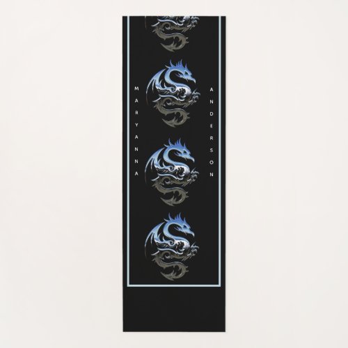 Silver Look Fire Dragons on Black Yoga Mat