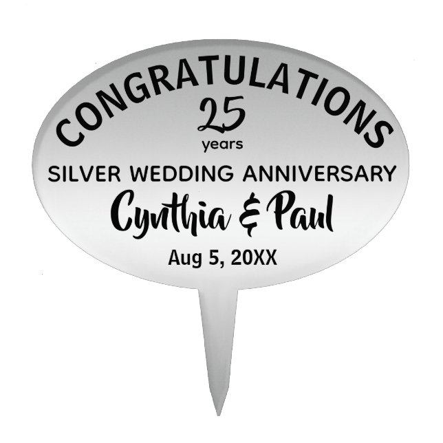 Silver Look Silver Wedding Anniversary Cake Topper (Front)
