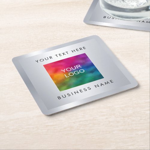 Silver Look Upload Own Business Company Logo Here Square Paper Coaster