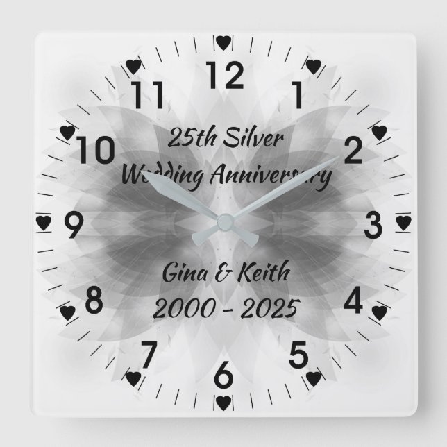 Silver Lotus 25th Silver Wedding Anniversary Square Wall Clock (Front)