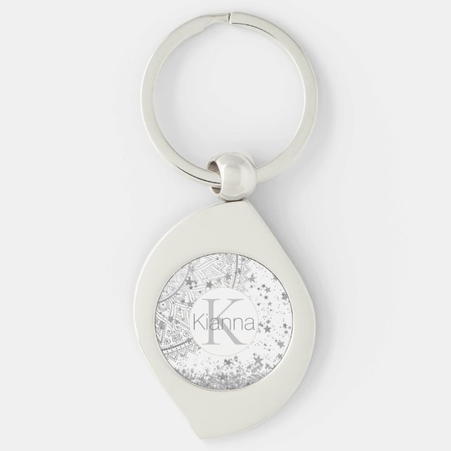 Silver Lotus Mandala Stars Glitter Monogram   Keychain (Front)