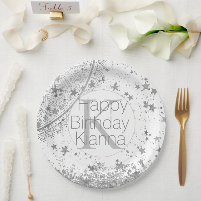 Silver Lotus Mandala Stars Monogram Birthday Paper Plates (Wedding)